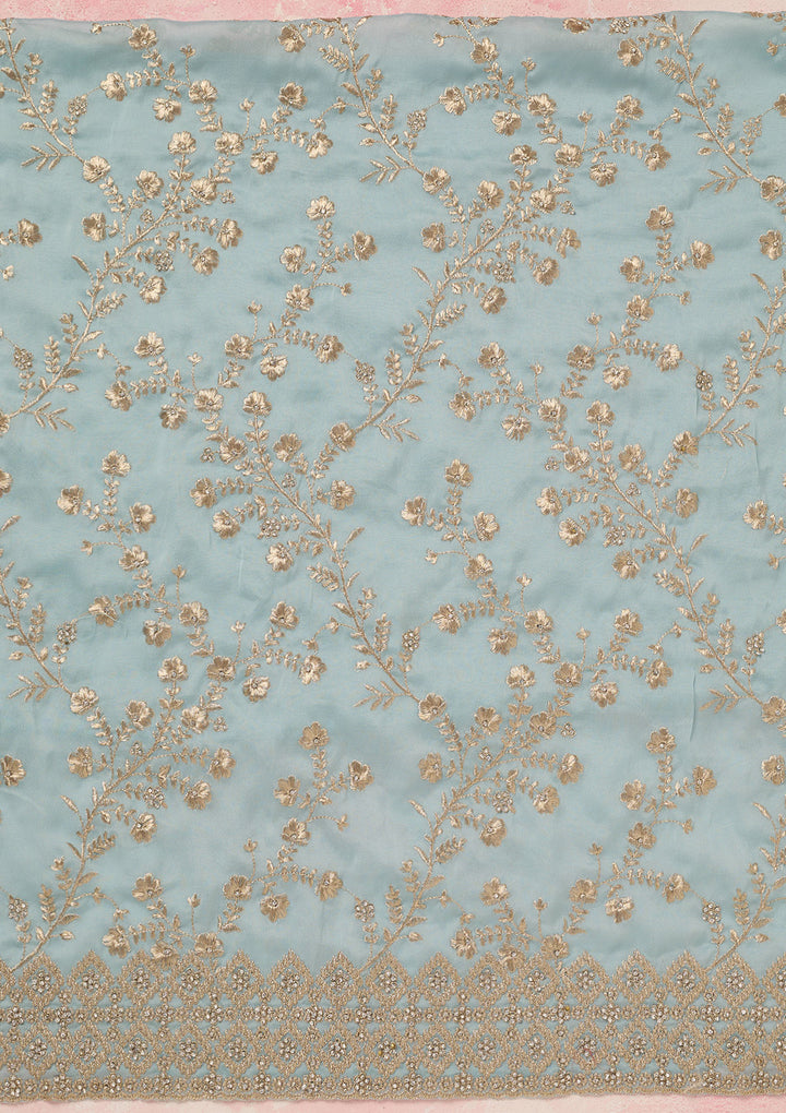 Sky Blue Organza Silver Zardozi Unstitched Dress Material With Matching Bottom And Dupatta