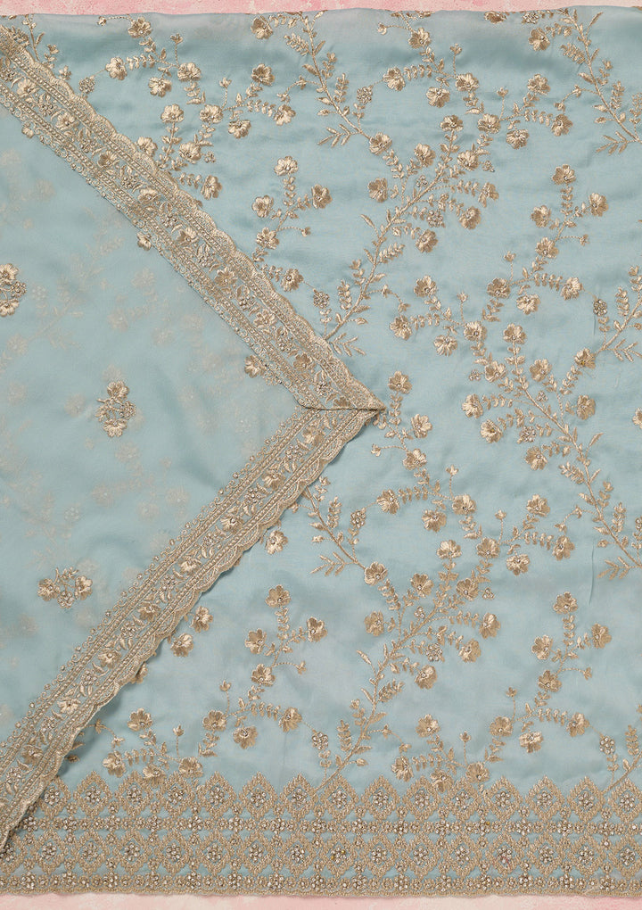Sky Blue Organza Silver Zardozi Unstitched Dress Material With Matching Bottom And Dupatta