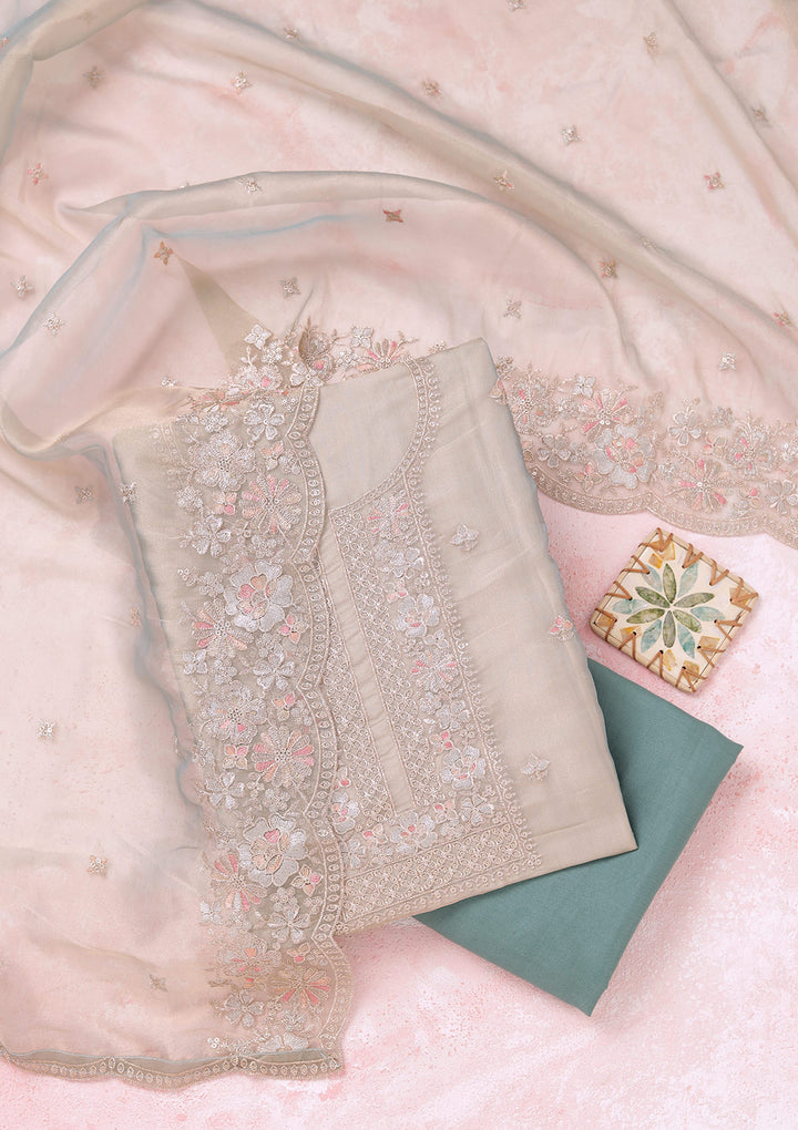 Turquoise Blue Zariwork (Gold) Tissue Unstitched Salwar Suit