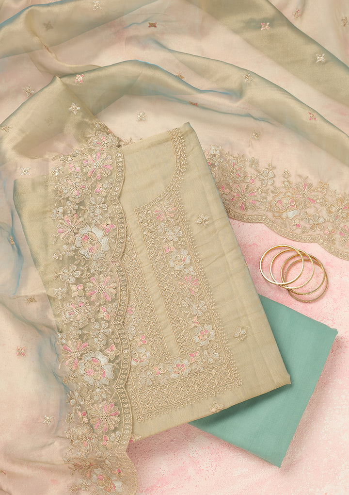 Turquoise Blue Tissue Gold Zariwork Unstitched Dress Material With Matching Bottom And Dupatta