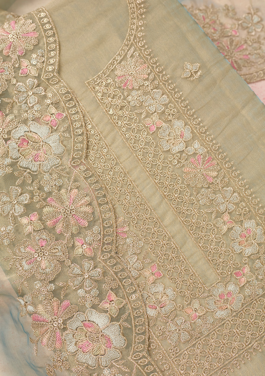 Turquoise Blue Tissue Gold Zariwork Unstitched Dress Material With Matching Bottom And Dupatta
