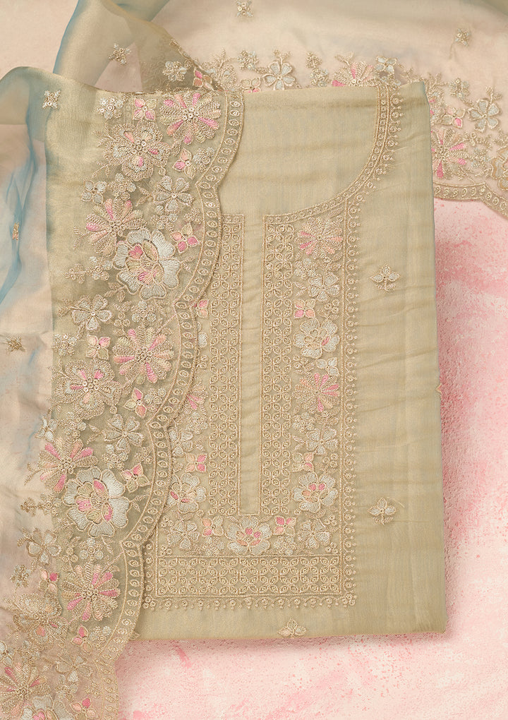Turquoise Blue Tissue Gold Zariwork Unstitched Dress Material With Matching Bottom And Dupatta