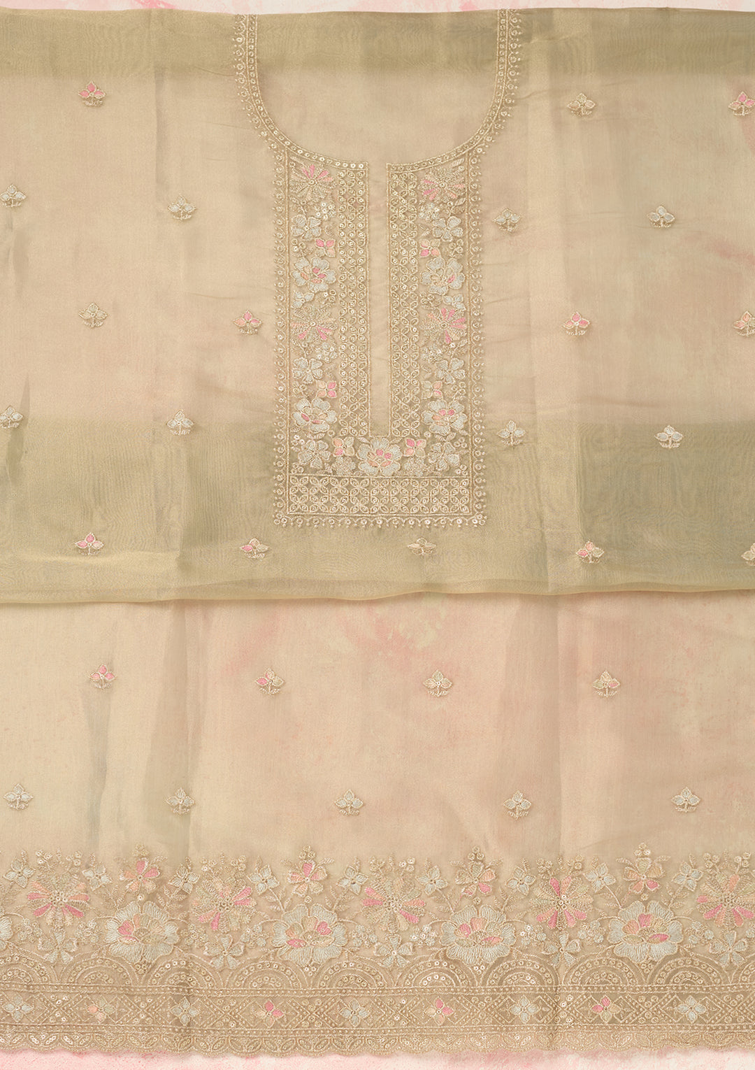 Turquoise Blue Tissue Gold Zariwork Unstitched Dress Material With Matching Bottom And Dupatta