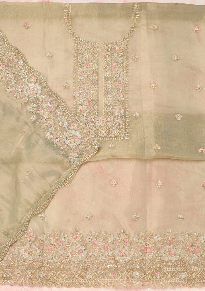 Turquoise Blue Tissue Gold Zariwork Unstitched Dress Material With Matching Bottom And Dupatta