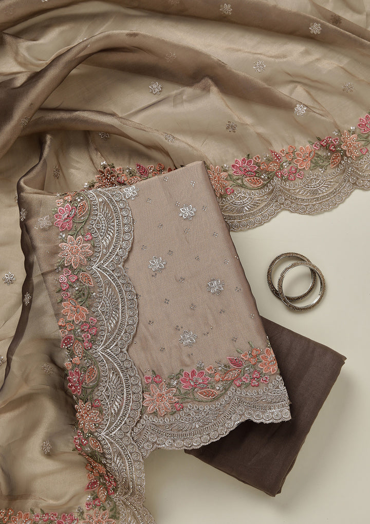 Light Brown Tissue Threadwork Unstitched Dress Material With Matching Bottom And Dupatta