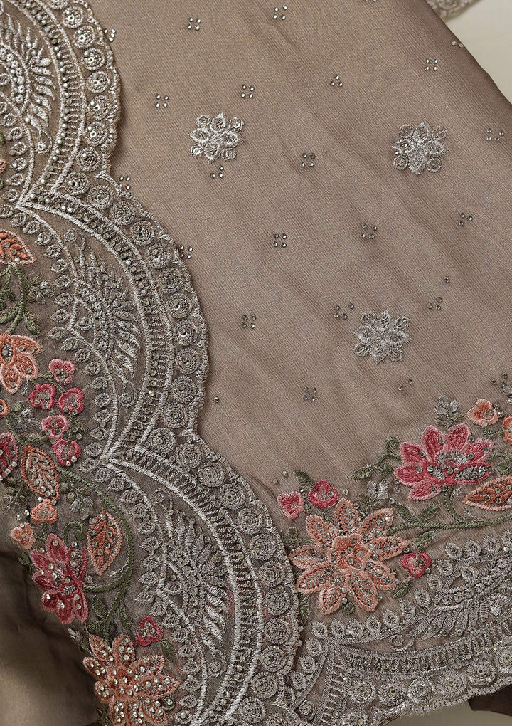 Light Brown Tissue Threadwork Unstitched Dress Material With Matching Bottom And Dupatta