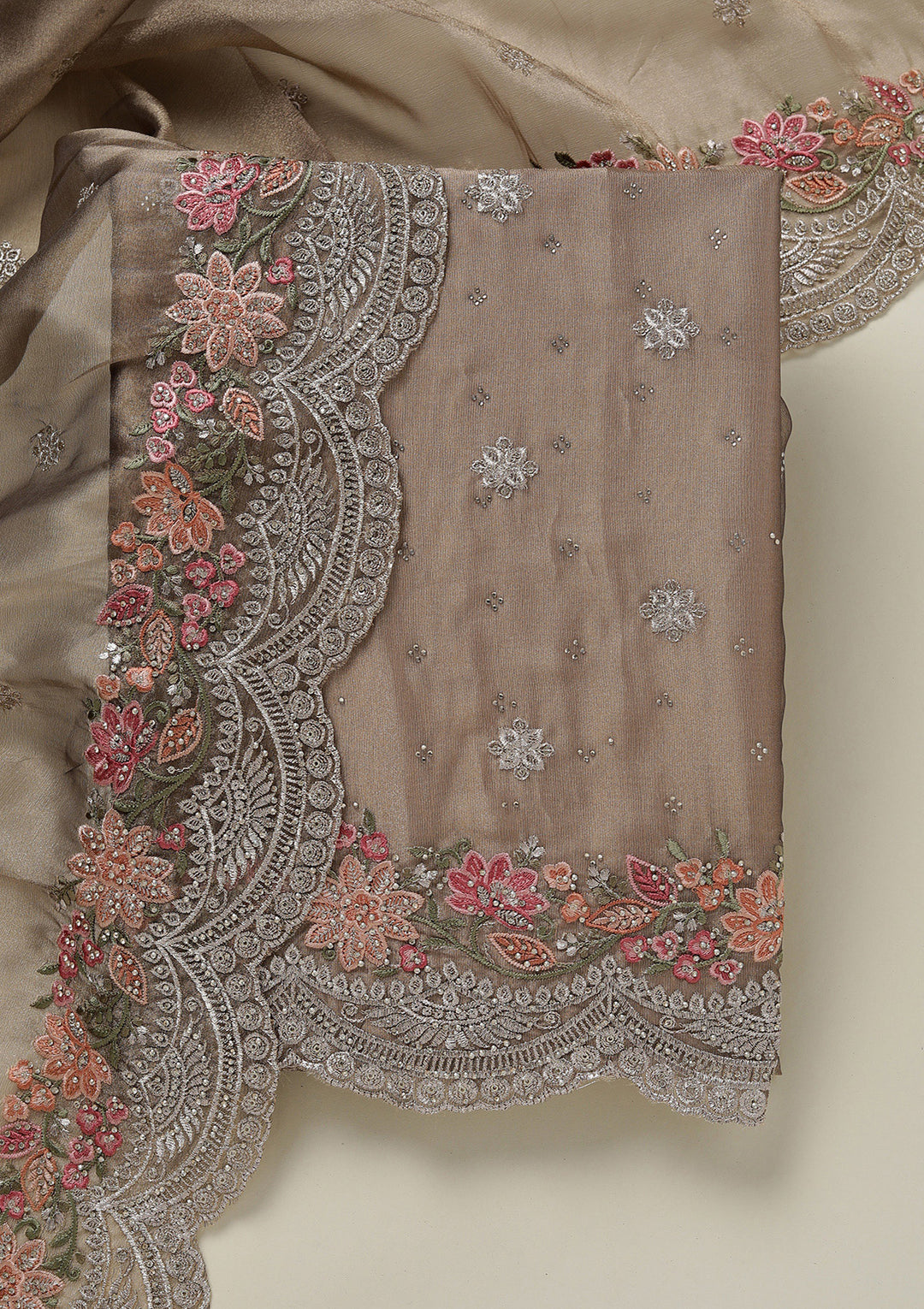 Light Brown Tissue Threadwork Unstitched Dress Material With Matching Bottom And Dupatta
