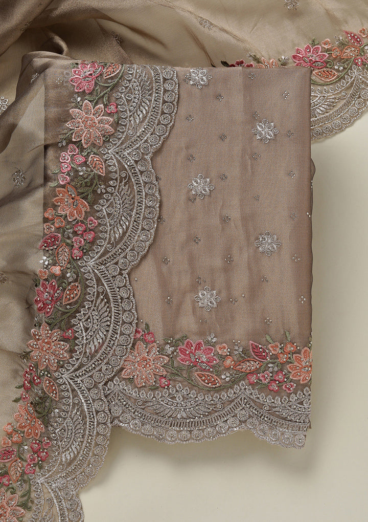 Light Brown Tissue Threadwork Unstitched Dress Material With Matching Bottom And Dupatta