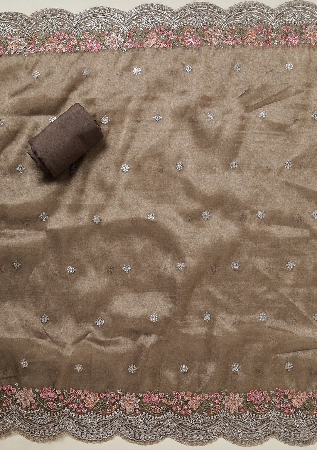 Light Brown Tissue Threadwork Unstitched Dress Material With Matching Bottom And Dupatta
