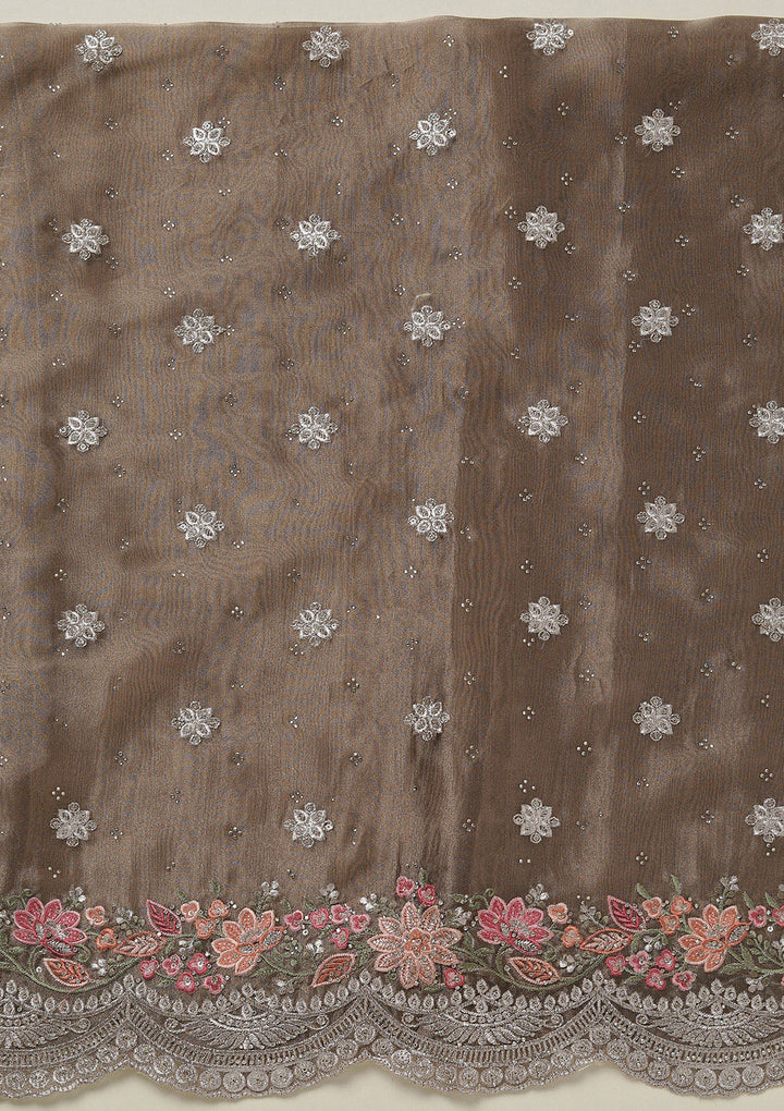 Light Brown Tissue Threadwork Unstitched Dress Material With Matching Bottom And Dupatta