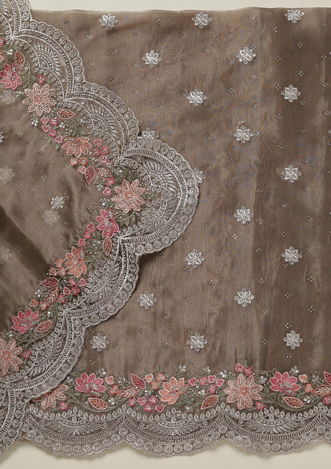 Light Brown Tissue Threadwork Unstitched Dress Material With Matching Bottom And Dupatta