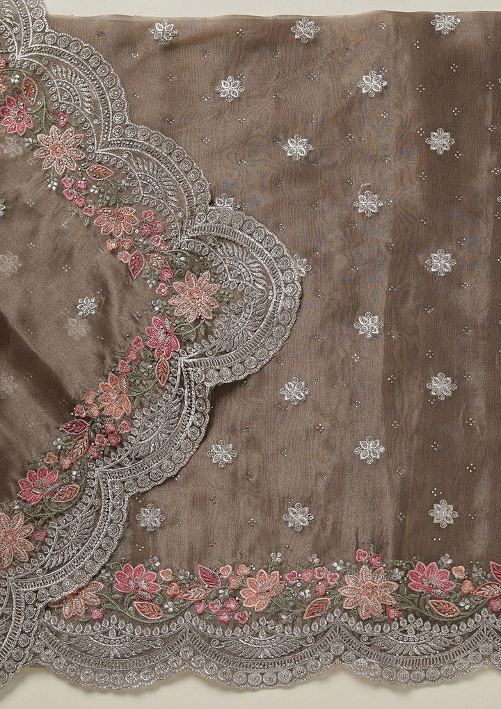 Light Brown Tissue Threadwork Unstitched Dress Material With Matching Bottom And Dupatta