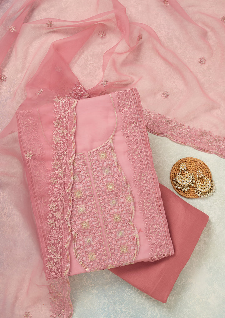 Pink Tissue Threadwork Unstitched Dress Material With Matching Bottom And Dupatta