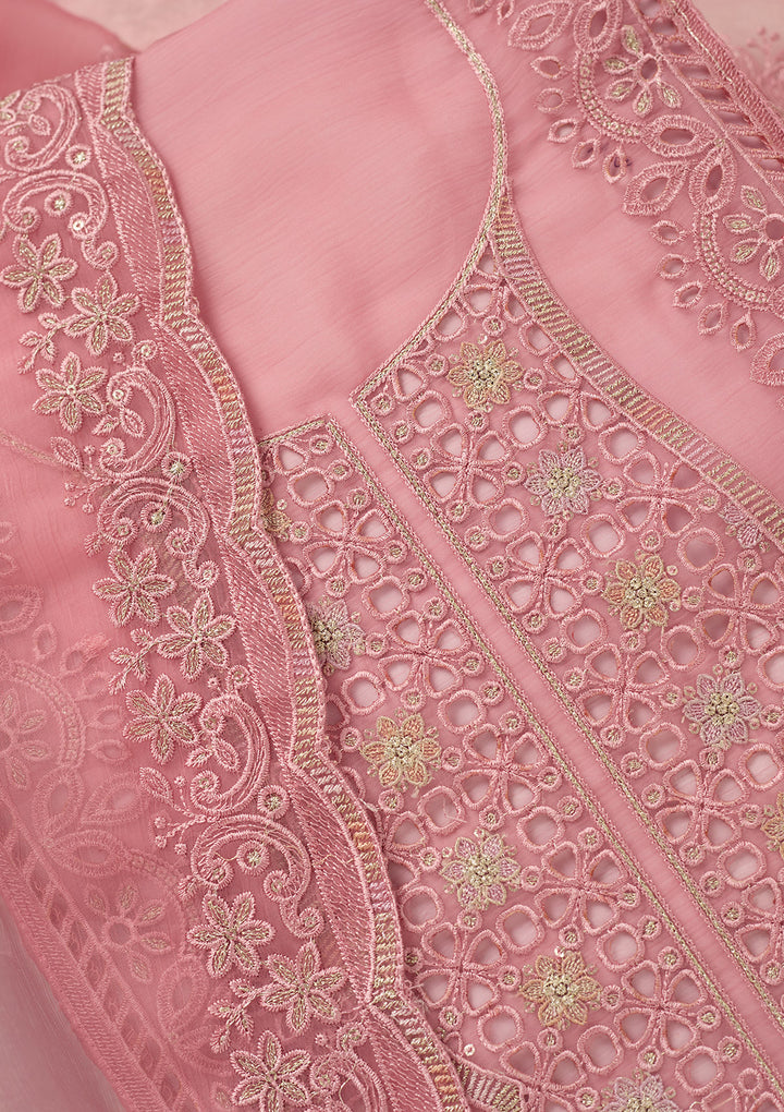 Pink Tissue Threadwork Unstitched Dress Material With Matching Bottom And Dupatta