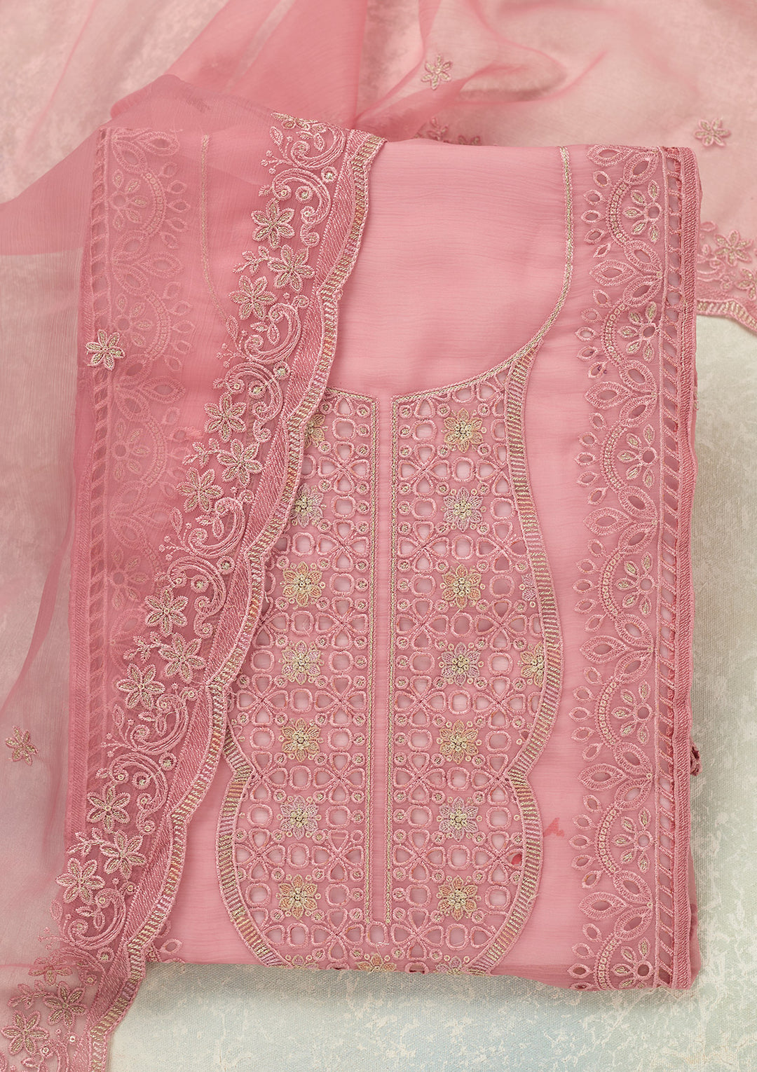 Pink Tissue Threadwork Unstitched Dress Material With Matching Bottom And Dupatta