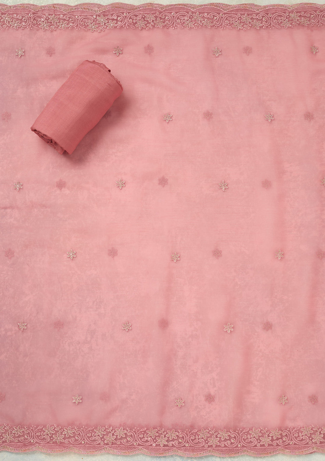 Pink Tissue Threadwork Unstitched Dress Material With Matching Bottom And Dupatta