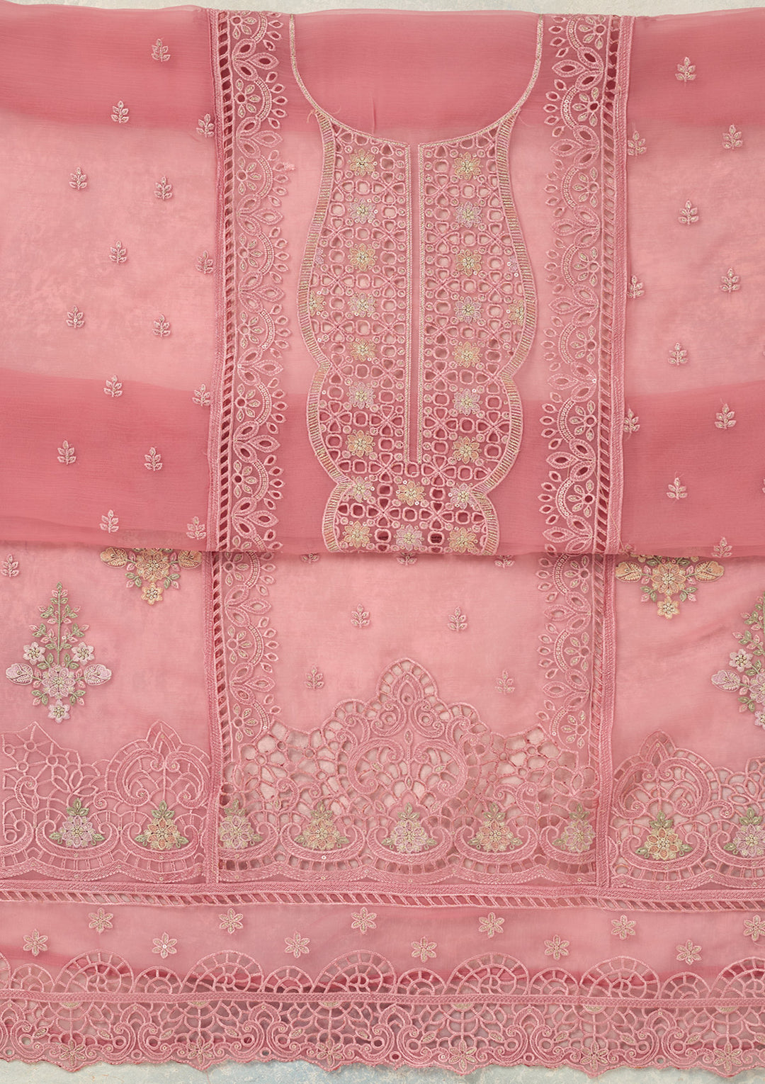 Pink Tissue Threadwork Unstitched Dress Material With Matching Bottom And Dupatta
