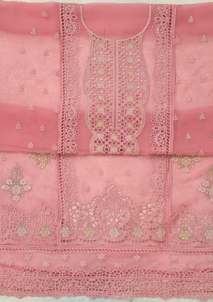 Pink Tissue Threadwork Unstitched Dress Material With Matching Bottom And Dupatta