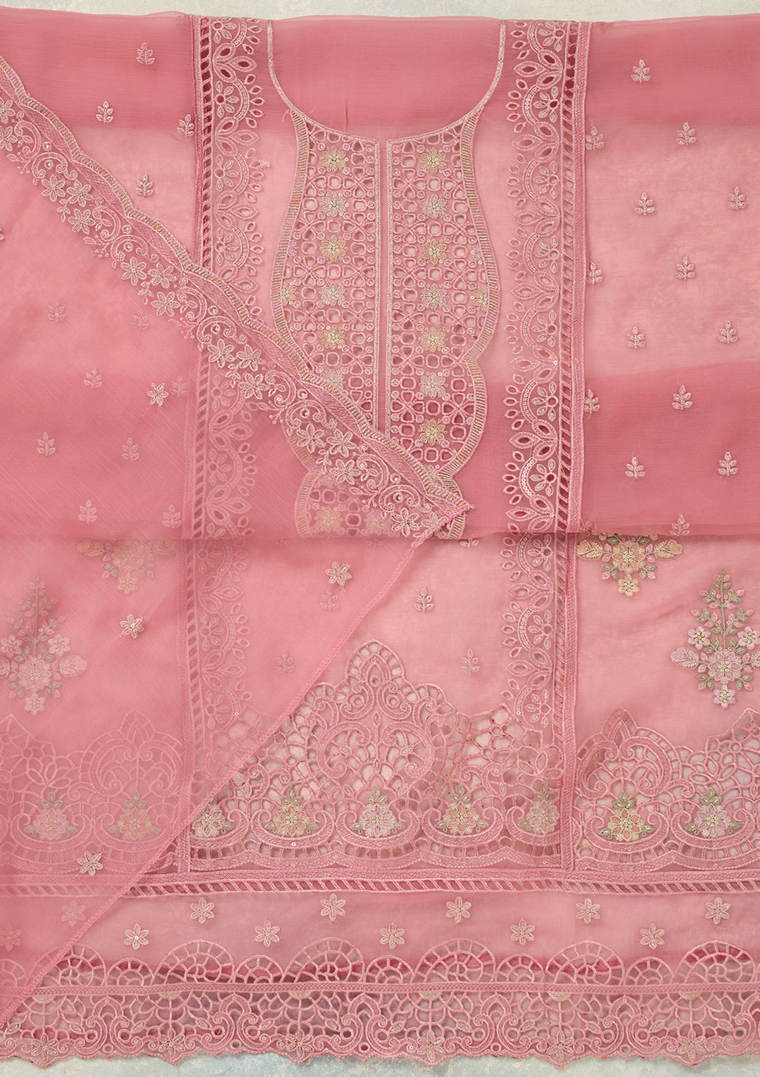 Pink Tissue Threadwork Unstitched Dress Material With Matching Bottom And Dupatta
