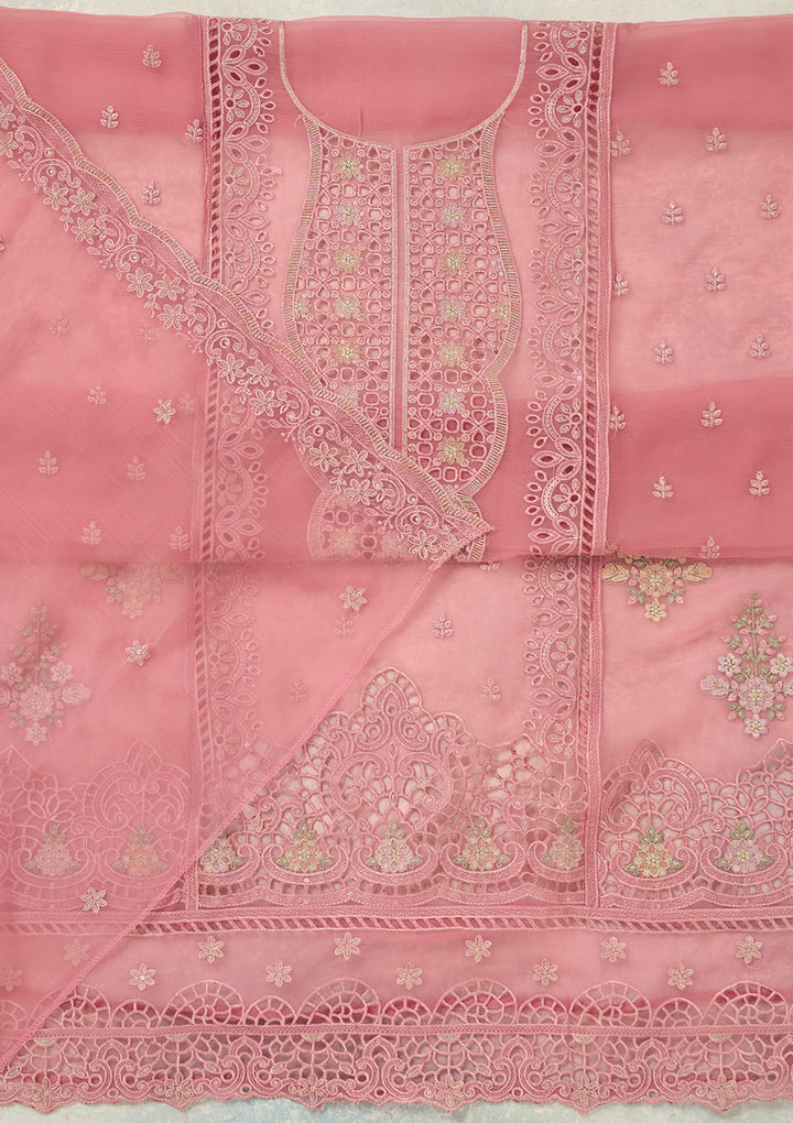 Pink Tissue Threadwork Unstitched Dress Material With Matching Bottom And Dupatta