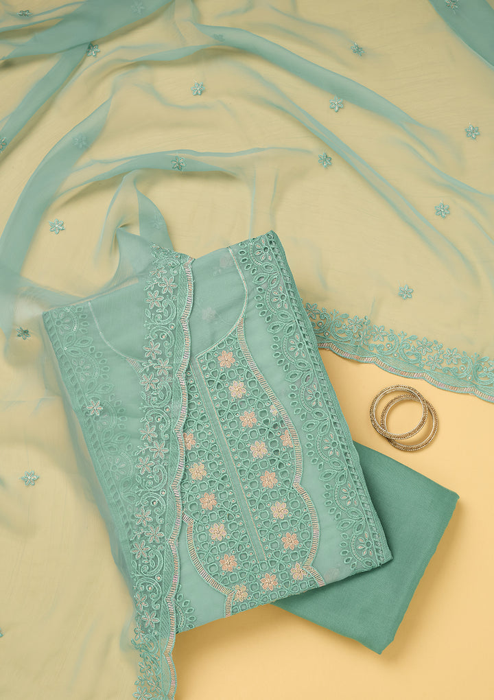 Sea Green Tissue Threadwork Unstitched Dress Material With Matching Bottom And Dupatta