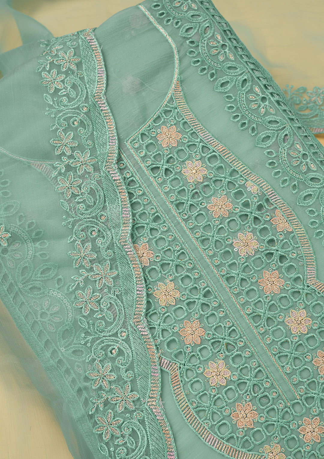 Sea Green Tissue Threadwork Unstitched Dress Material With Matching Bottom And Dupatta