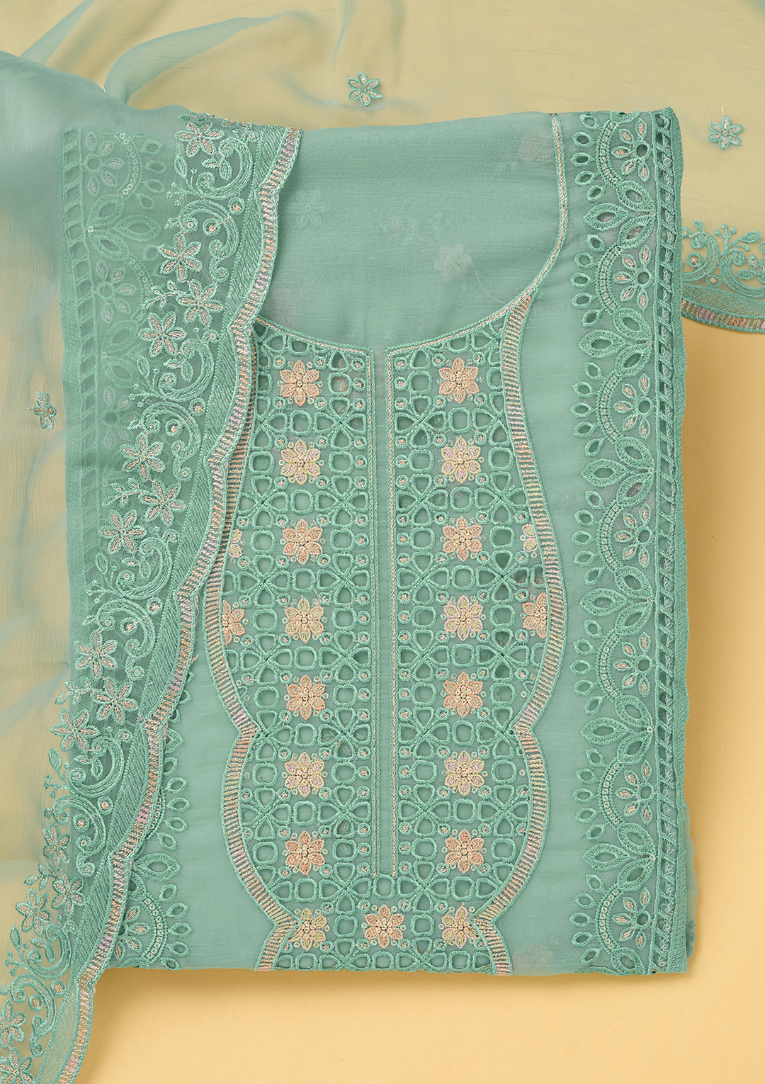 Sea Green Tissue Threadwork Unstitched Dress Material With Matching Bottom And Dupatta