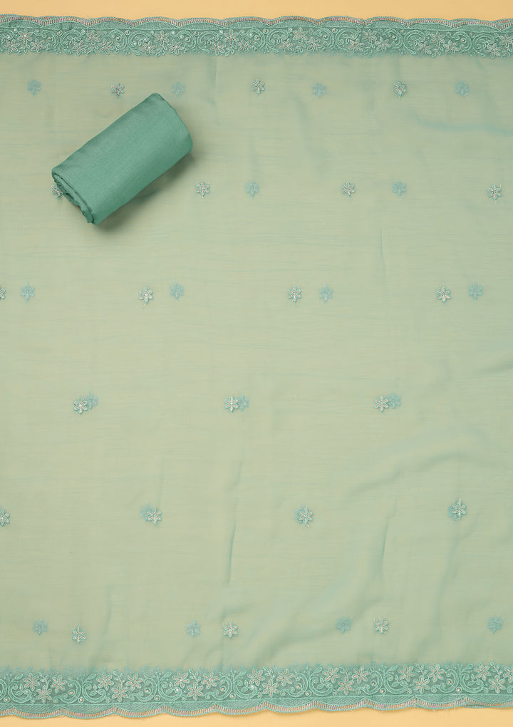 Sea Green Tissue Threadwork Unstitched Dress Material With Matching Bottom And Dupatta