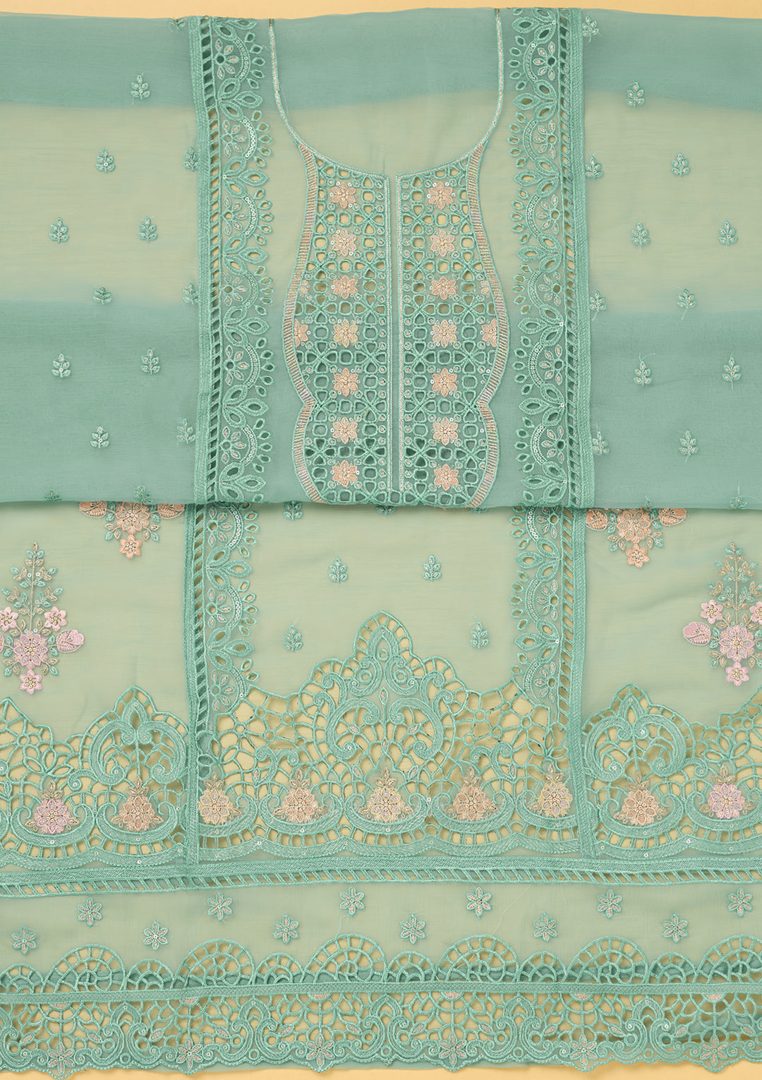 Sea Green Tissue Threadwork Unstitched Dress Material With Matching Bottom And Dupatta