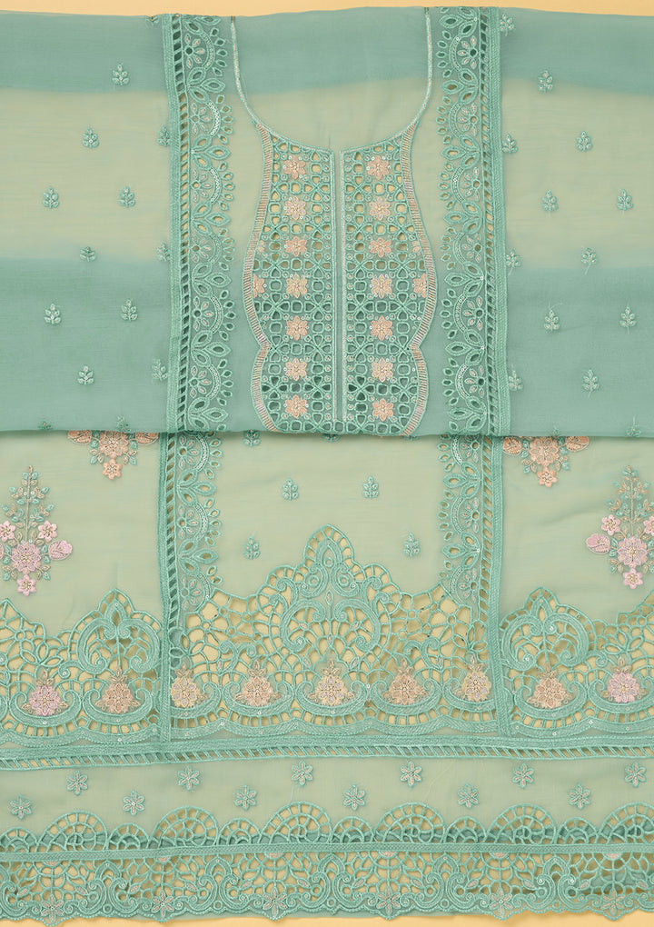 Sea Green Tissue Threadwork Unstitched Dress Material With Matching Bottom And Dupatta