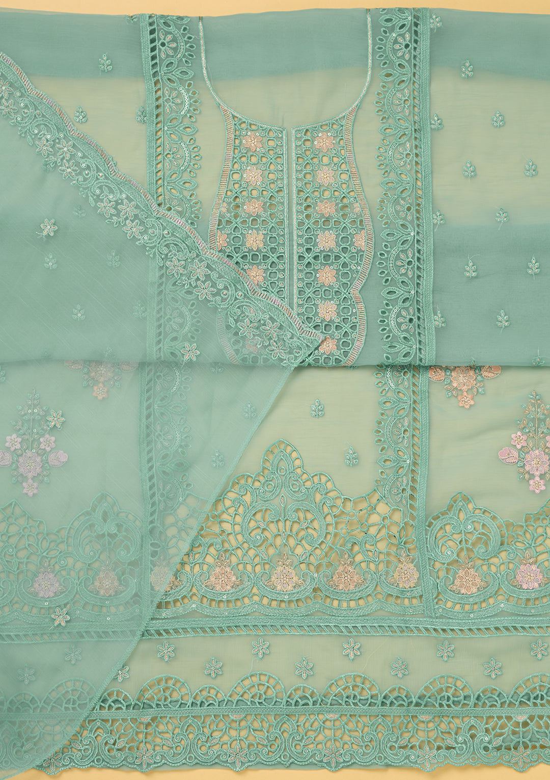 Sea Green Tissue Threadwork Unstitched Dress Material With Matching Bottom And Dupatta