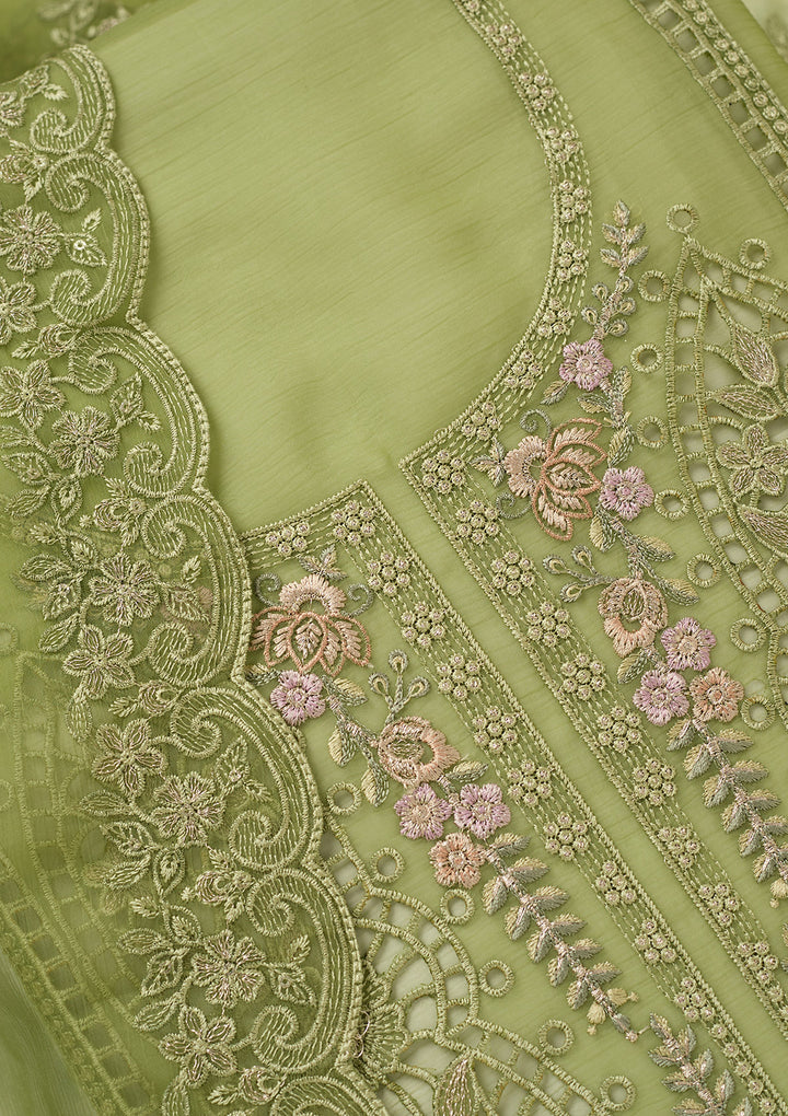 Green Threadwork Tissue Unstitched Salwar Suit