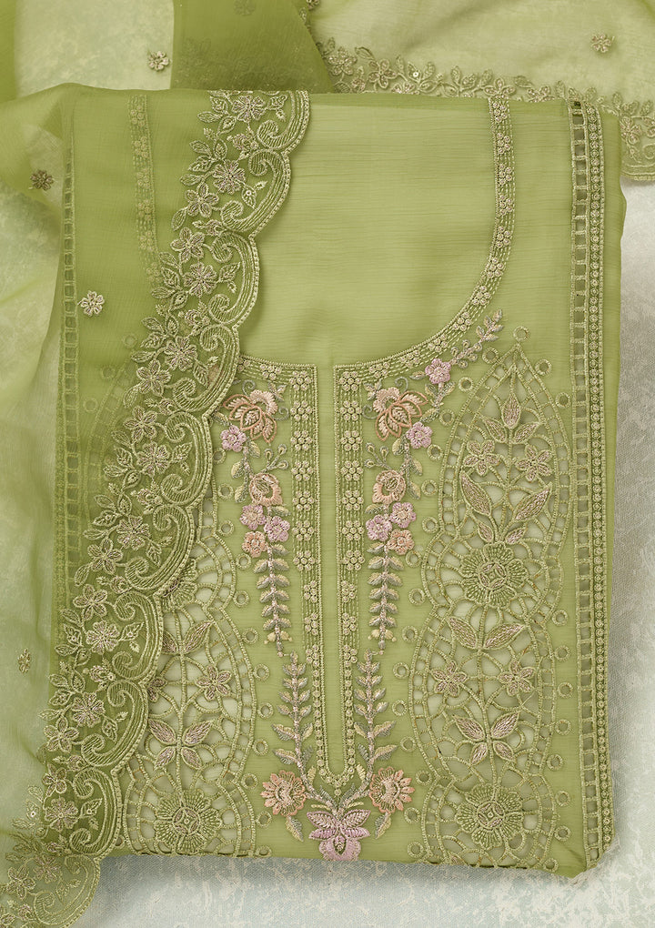 Green Threadwork Tissue Unstitched Salwar Suit