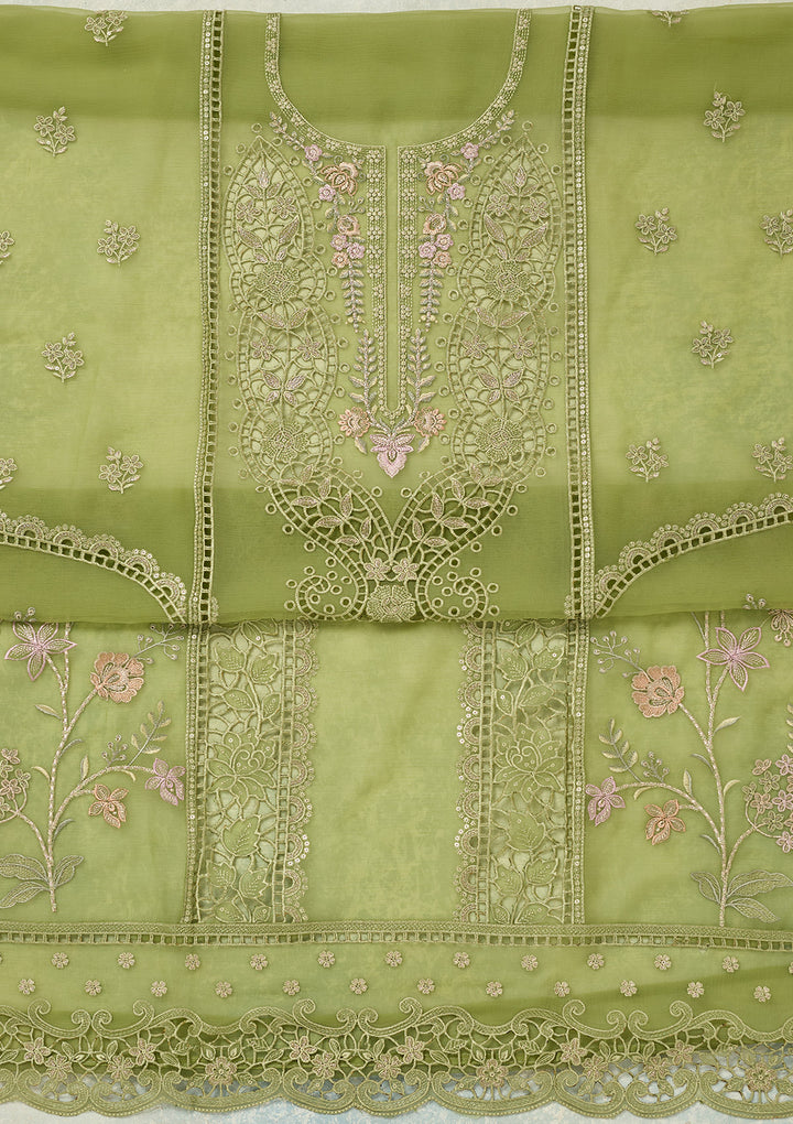 Green Threadwork Tissue Unstitched Salwar Suit