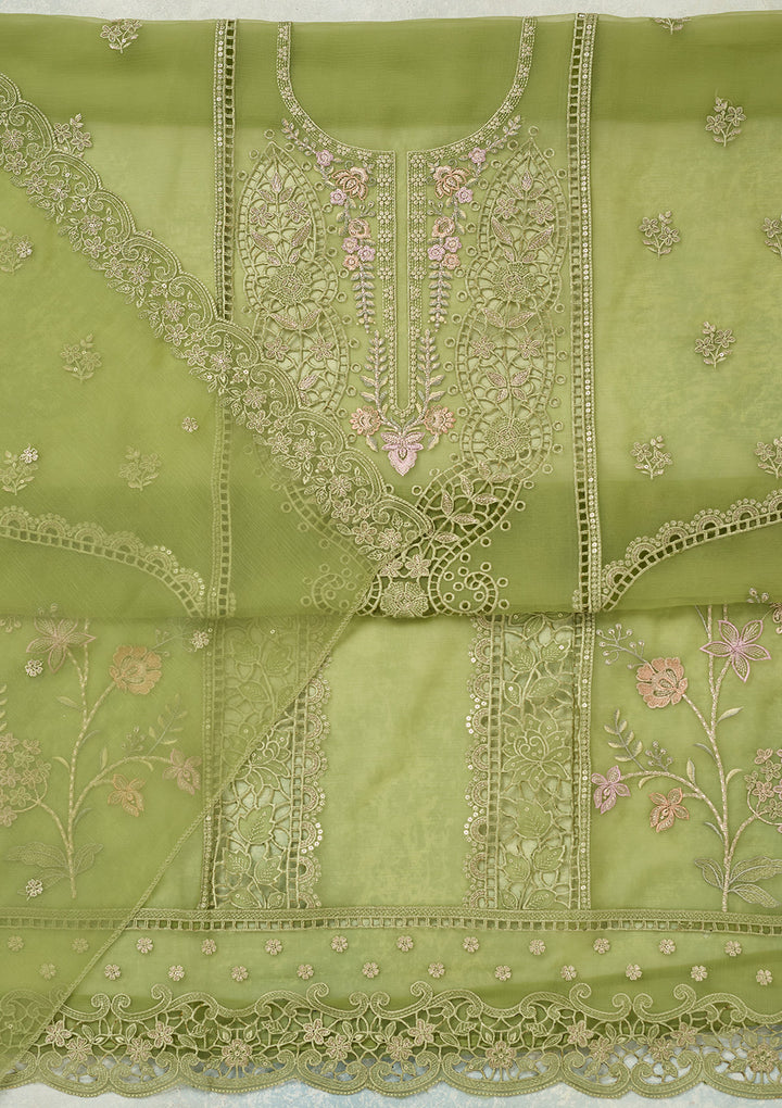 Green Threadwork Tissue Unstitched Salwar Suit