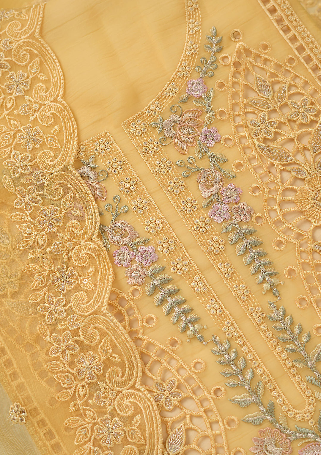 Yellow Threadwork Tissue Unstitched Salwar Suit