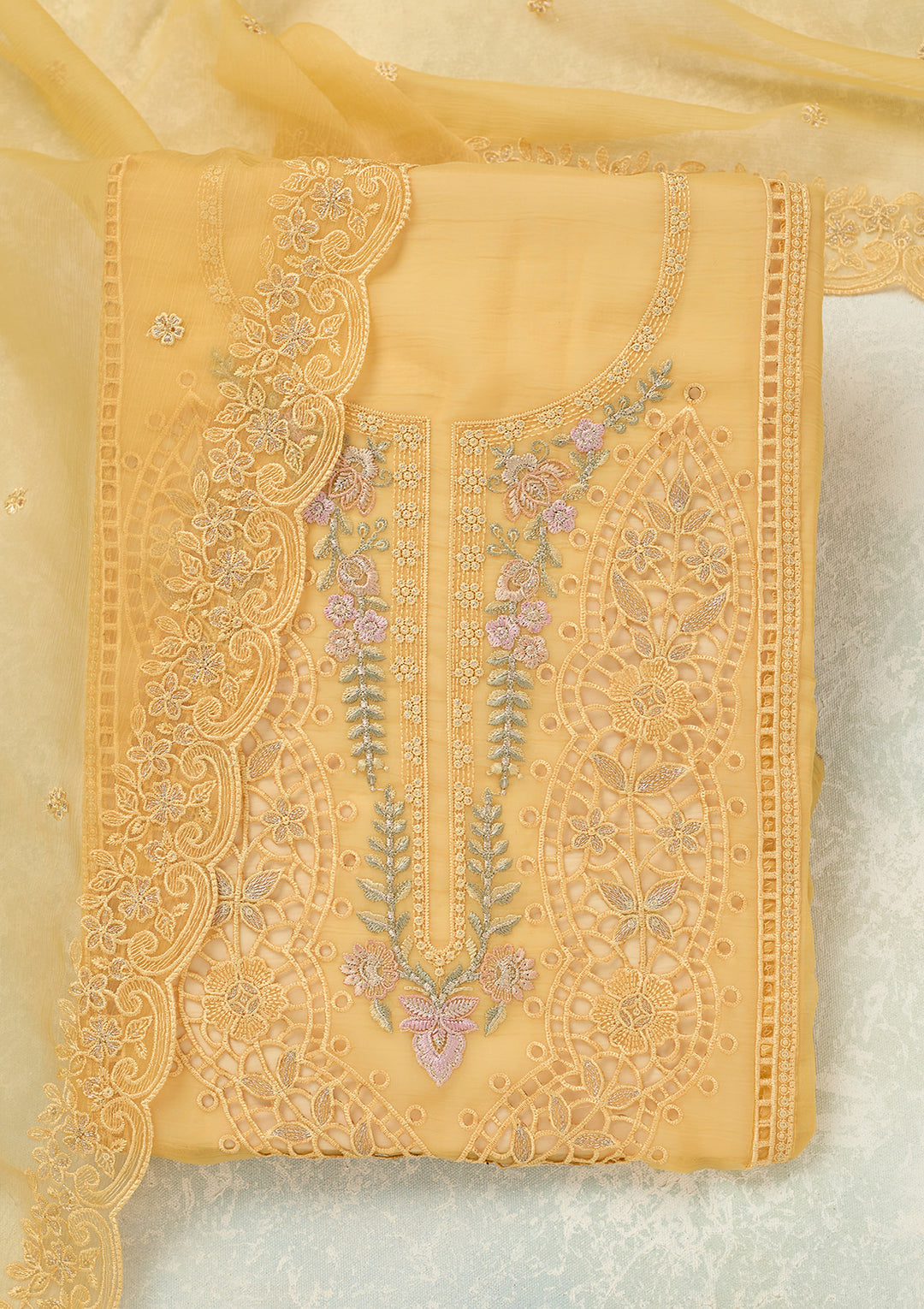 Yellow Threadwork Tissue Unstitched Salwar Suit