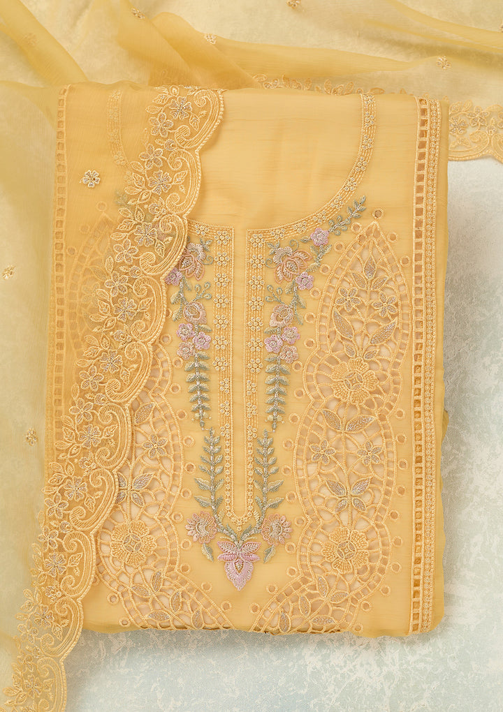 Yellow Threadwork Tissue Unstitched Salwar Suit