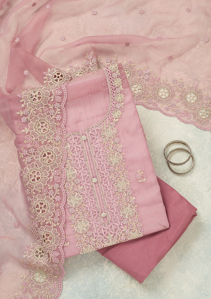 Lavender Tissue Threadwork Unstitched Dress Material With Matching Bottom And Dupatta