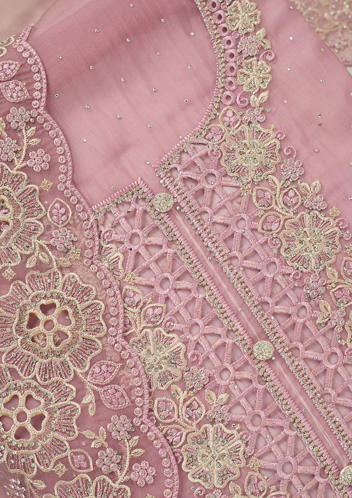 Lavender Tissue Threadwork Unstitched Dress Material With Matching Bottom And Dupatta