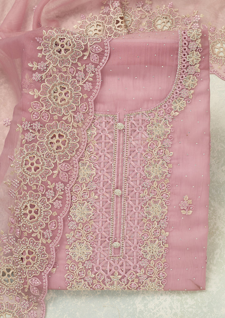 Lavender Tissue Threadwork Unstitched Dress Material With Matching Bottom And Dupatta