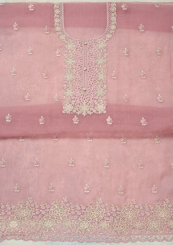 Lavender Tissue Threadwork Unstitched Dress Material With Matching Bottom And Dupatta