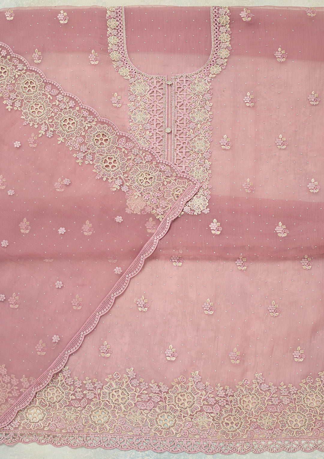 Lavender Tissue Threadwork Unstitched Dress Material With Matching Bottom And Dupatta