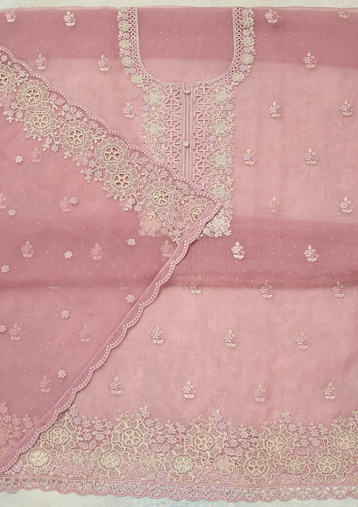 Lavender Tissue Threadwork Unstitched Dress Material With Matching Bottom And Dupatta