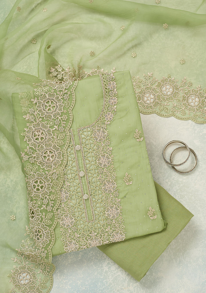 Pista Green Tissue Threadwork Unstitched Dress Material With Matching Bottom And Dupatta
