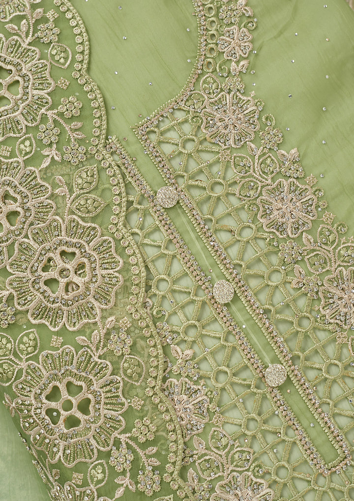 Pista Green Tissue Threadwork Unstitched Dress Material With Matching Bottom And Dupatta