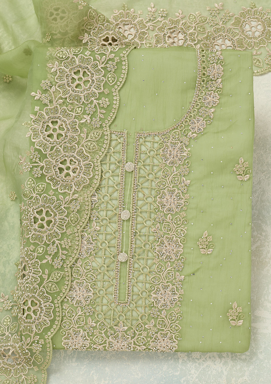 Pista Green Tissue Threadwork Unstitched Dress Material With Matching Bottom And Dupatta