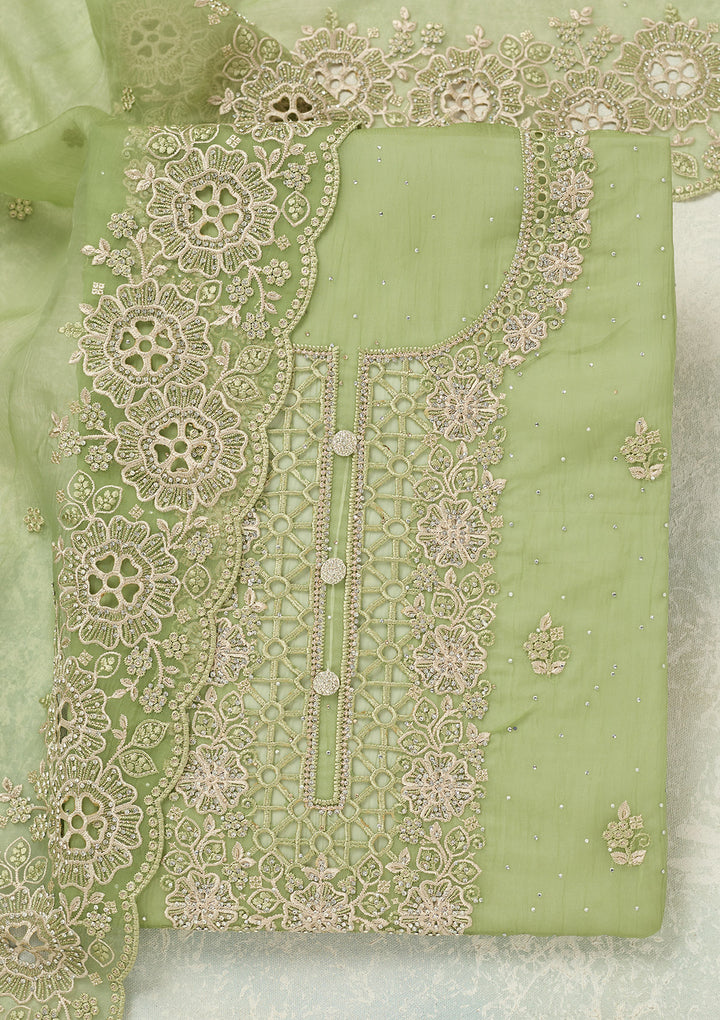 Pista Green Tissue Threadwork Unstitched Dress Material With Matching Bottom And Dupatta