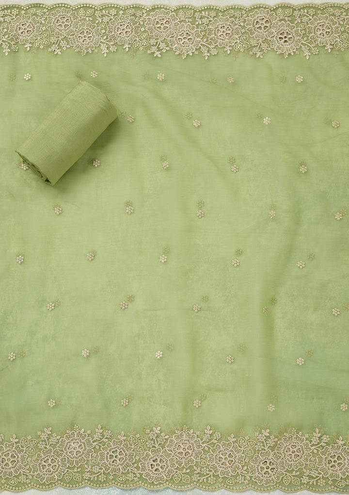 Pista Green Tissue Threadwork Unstitched Dress Material With Matching Bottom And Dupatta