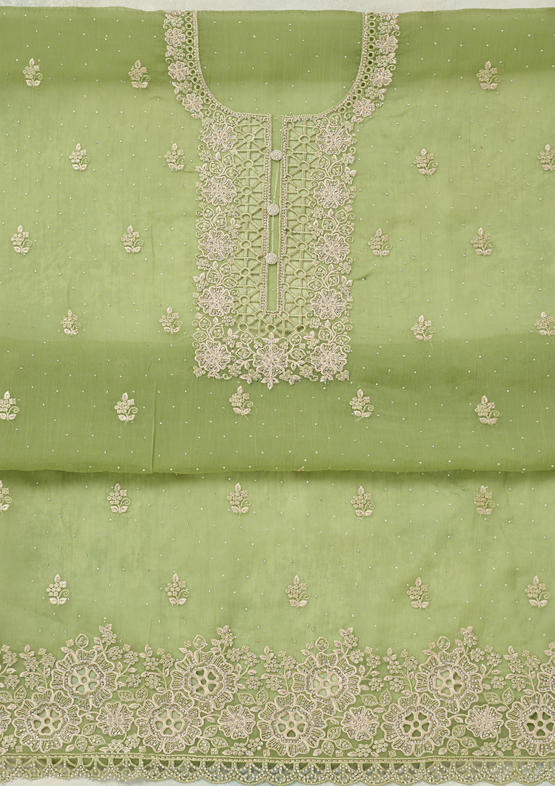 Pista Green Tissue Threadwork Unstitched Dress Material With Matching Bottom And Dupatta